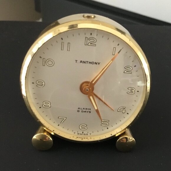 T. ANTHONY Swiss Travel Alarm Clock VTG 8 Day Wind Gold Brass Leather Case DAD